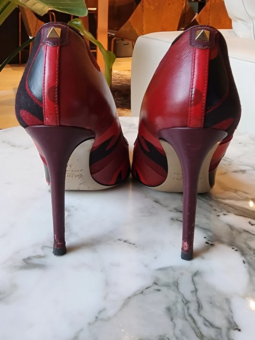 Valentino Rockstud Red & Black Camoflauge Leather Pumps Size 37.5